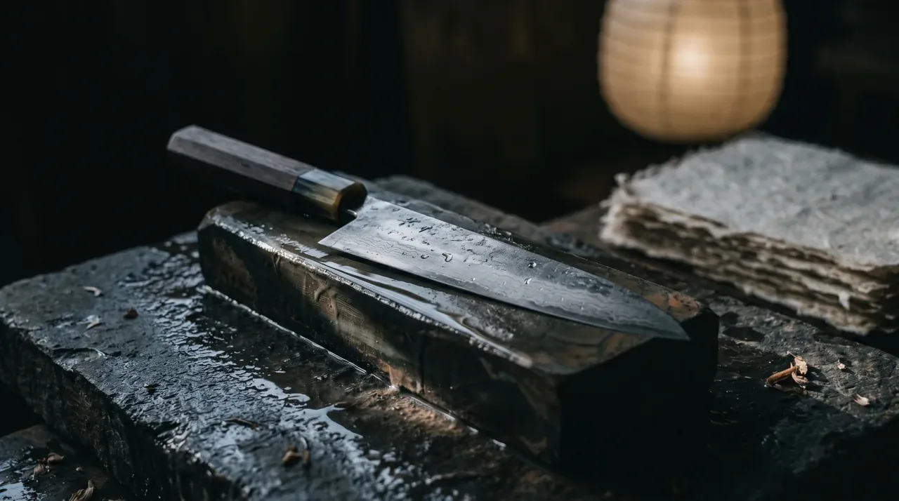 Cuchillo japonés wa tradicional sobre piedra de afilar mojada en un taller oscuro, con papel washi y un farol al fondo