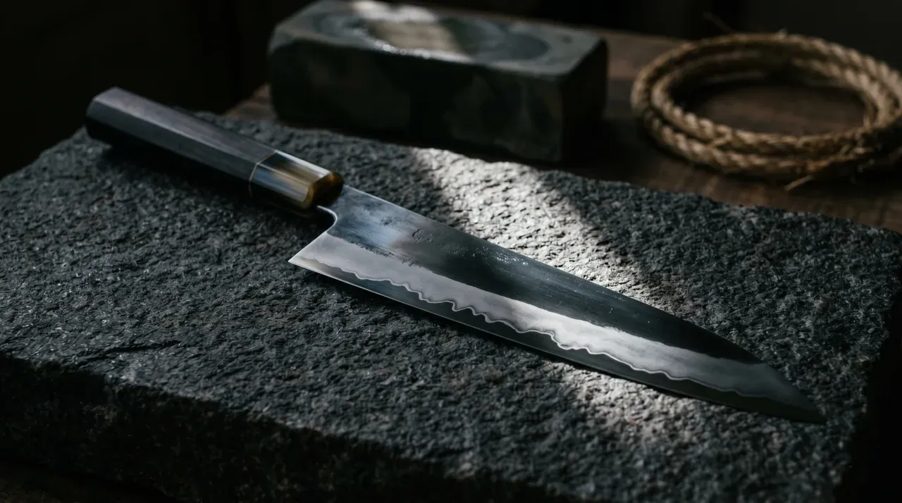 Cuchillo honyaki japonés sobre bloque de granito oscuro con la línea ondulada del hamon visible en la hoja bajo luz rasante