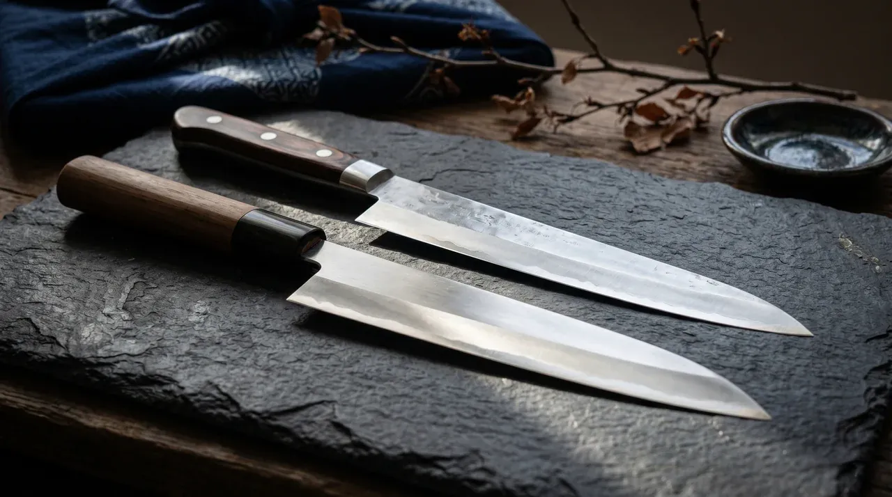 Cuchillo Sujihiki y cuchillo Yanagiba sobre pizarra oscura, comparativa de hoja larga japonesa